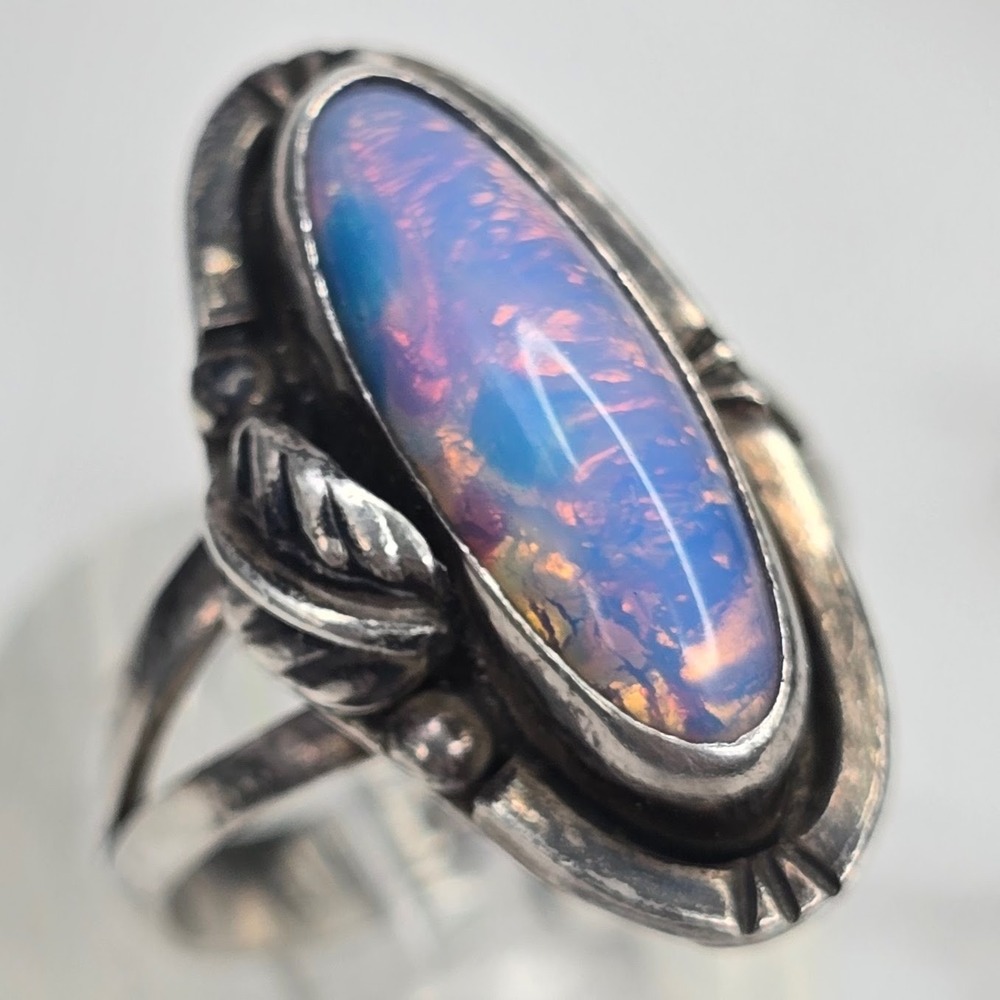 Vintage 925 Sterling Silver Ring Oval Color-Flash Cabochon GF15 Size 9 6.2g